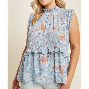 Hayden Floral High Neck Ruffle Top In Blue Mix‎ Size L Romantic Feminine